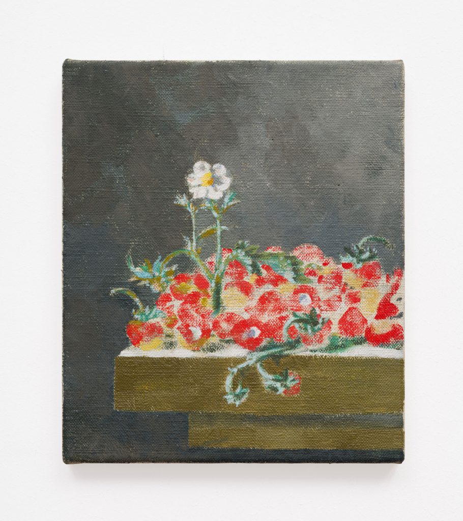 1_25 [Walderdbeeren], [Nach: Adriaen Coorte, Stillleben mit Walderdbeeren, 16,5 x 14 cm, Öl auf Papier auf Holz, http://commons.wikimedia.org/wiki/File:Coorte_5.jpg.], 28 x 24 cm, Öl und Eitempera auf Leinen, 2025